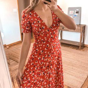 Faithful The Brand Casual Short Sleeve Red Floral V Neck Button Down Maxi Dress